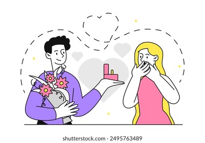 Man make proposal to woman. Young guy with bouquet of flowers gives ring to girl. Romantic gift and surprise. Love and romance. Bride and groom. Linear vector illustration isolated on white background