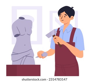 Man make sculpture concept. Young guy with equipment in studio, character at workplace. Art object for gallery or museum, exhibition. Creativity and art. Cartoon flat vector illustration