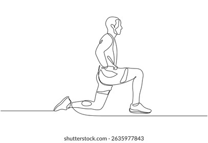El hombre hace ejercicio de estiramiento continuo con un dibujo de una línea. Concepto de acondicionamiento físico dibujado a mano, actividad realizada para mejorar el estado físico, la fuerza o la salud en general. Concepto de Vector de diseño temático deportivo.