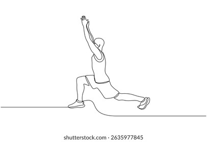 Man make stretching exercise continuous one line drawing. Hand drawn fitness concept, Activity performed to improve fitness, strength, or overall health. Sport theme design vector concept.