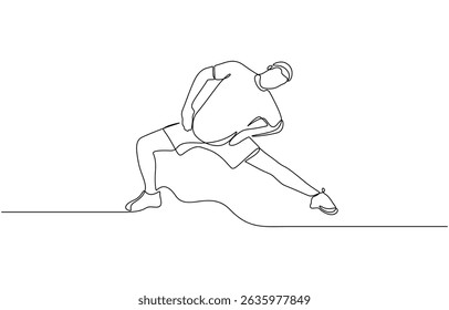 Man make stretching exercise continuous one line drawing. Hand drawn fitness concept, Activity performed to improve fitness, strength, or overall health. Sport theme design vector concept.