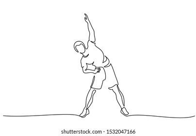 Man make stretching exercise at fitness. Continuous one line drawing. Vector illustration