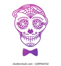 Man with make up of sugar skull. Dia de los muertos. Mexican Day of the dead. Vector illustration hand drawing isolated on dark background