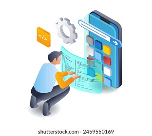 Man makes application with technology program language infographics flat isometric 3d illustration