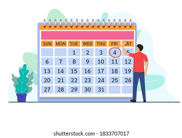 Un hombre hace una cita en el calendario seleccionado la fecha deseada. Ilustración vectorial.