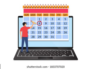 A man makes an appointment on the calendar application in the laptop. Vector illustration.