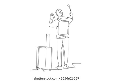 O homem faz blog enquanto viaja. Desenho de uma linha de conceito para blogueiros de viagem