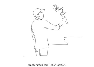 Man makes blog while traveling. Travel bloggers concept one-line drawing