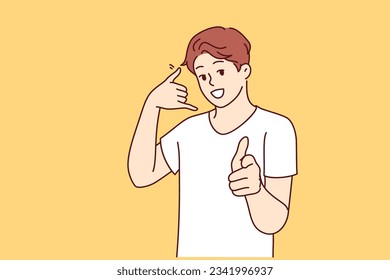 Man makes call me gesture and points finger at screen inviting you to dial support or sales agent. Guy says call me wants to get to know girl and offers to exchange contacts for further communication