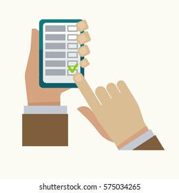 Man makes check mark in tasks list on smartphone screen or notepad with finger. Business vector illustration