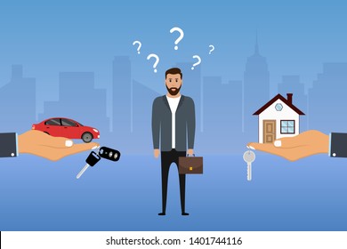 Man makes a choice between a car and a house. Businessman chooses investing options. Buyer decides what to buy. Vector illustration.