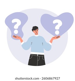 A man makes choice or decision. Question mark signs. Flat vector illustration