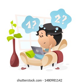 A man makes a choice in the internet, doubting between two options. Vector illustration in flat cartoon style