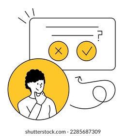 The man makes a choice in the modal window, approve or cancel. Customer feedback, interface, dialog box. Thin line vector illustration isolated on white.