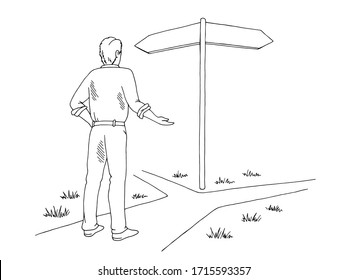 Man makes a choice, standing at a crossroads graphic black white sketch illustration vector