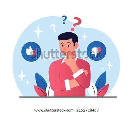 Man makes choice. Young guy evaluates product or service. Employee looking for ways to overcome mental impasse. Thoughtful person with problems at personal life. Cartoon flat vector illustration
