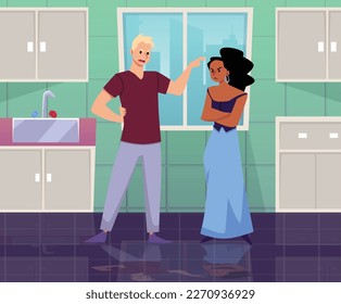 Man makes claim and yells at his couple partner or wife, flat vector illustration. Couple in bad relationship and communication crisis, flat vector illustration.