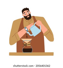man makes coffee with his own hands. preparation of coffee. coffee maker. vector flat illustration isolated on white background.