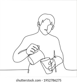 El hombre hace café - un dibujo de una línea. el concepto barista vierte leche en tazas de café.