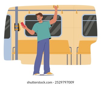 Man Makes A Contactless Payment Using Phone While Standing In Subway Train. He Taps His Phone On The Terminal Inside The Train While Holding On To A Strap For Balance, Completing His Fare Transaction