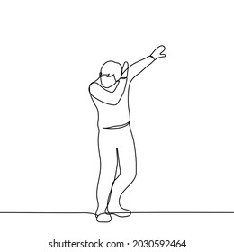 man makes dab - one line drawing. dance movement, the man drops his head while raising his hand to the elbow in a gesture that is similar to a "sneeze gesture". means a victory or a winning situation