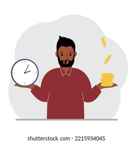 A man makes a decision or chooses between two options or alternatives, a watch and a pile of coins. The concept of time or money, the balance between work and leisure. Vector flat illustration