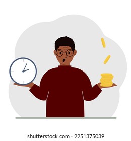 A man makes a decision or chooses between two options or alternatives, a watch and a pile of coins. The concept of time or money, the balance between work and leisure. Vector flat illustration