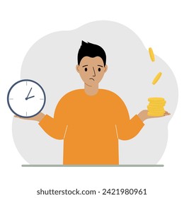 A man makes a decision or chooses between two options or alternatives, a watch and a pile of coins. The concept of time or money, the balance between work and leisure.