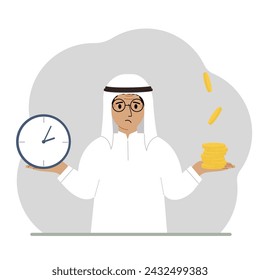  A man makes a decision or chooses between two options or alternatives, a watch and a pile of coins. The concept of time or money, the balance between work and leisure.