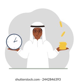 A man makes a decision or chooses between two options or alternatives, a watch and a pile of coins. The concept of time or money, the balance between work and leisure. Vector flat illustration