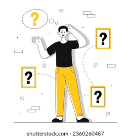 Man makes decision line concept. Young guy with question marks. Logical thinking and decision making. Thoughtful and pensive person. Poster or banner. Linear flat vector illustration