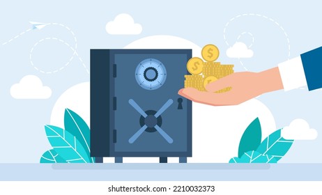 The man makes a deposit to his account. Money-saving dollar coins. Bank safe, dollars in a deposit box. Investing money in an account. Cash protection, safe deposit, savings. Vector flat illustration