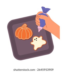 homem faz biscoitos de gengibre Halloween, um fantasma, e uma abóbora