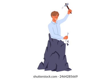 Man makes himself, making efforts for professional development, hollows out own image from rock. Concept of striving for business success and motivation for development and improving life