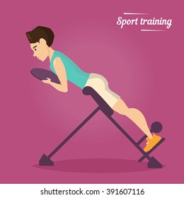 Man makes hyperextension in the gym. Vector isolated illustration. Cartoon character