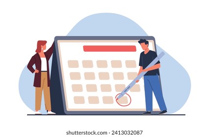 El hombre marca el calendario. Gestión del tiempo. Calendario mensual. Plazo y objetivos. La gente organiza el trabajo productivo. Calendario de la agenda. Recordatorio de tiempo. Icono de cita. Concepto de vector