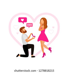 Man makes marriage proposal to girlfriend. Wedding, marriage concept. Cartoon couple in love. Cute vector illustration
