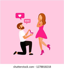 Man makes marriage proposal to girlfriend. Wedding, marriage concept. Cartoon couple in love. Cute vector illustration