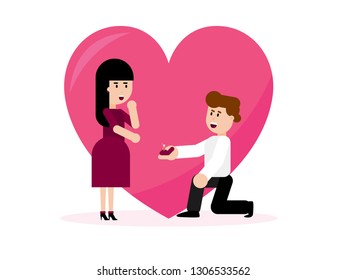 Man makes marriage proposal to girlfriend. Loving couple, the groom gives ring to the bride. Vector illustration in carton style