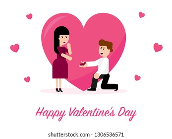 Man makes marriage proposal to girlfriend. Loving couple, the groom gives ring to the bride. Vector illustration in carton style. Happy Valentine's Day