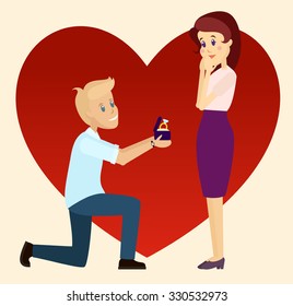 Man makes marriage proposal to girlfriend. Proposed wedding. Big red heart on the beige background