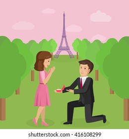 Man makes marriage proposal to girlfriend kneeling in a suit and tie in Paris on a background of the Eiffel Tower. Vector illustration 