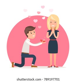 Man makes marriage proposal to girlfriend. Loving couple, the groom gives ring to the bride. Vector illustration in carton style