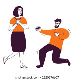 Man makes marriage proposal to girlfriend.Romantic man is standing on his knee with a diamond ring.A kneeling guy make a proposal the girl. Doodle sketch style vector illustration.