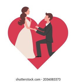 Man makes marriage proposal to his girlfriend vector flat illustration on the background of big red heart. The couple getting engaged. Romantic relationship, fall in love concept.
