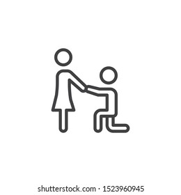 Man makes marriage proposal line icon. linear style sign for mobile concept and web design. Guy on knees proposing girl outline vector icon. Symbol, logo illustration. Vector graphics