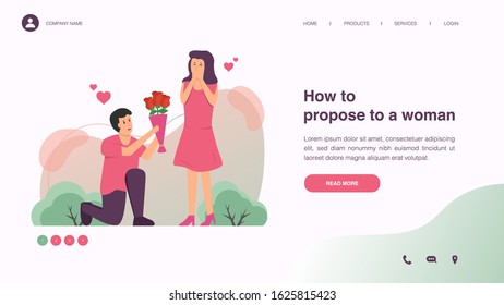 Man makes marriage propose to girlfriend with rose bouquet. Web page design with lifestyle or wedding concept for website and mobile website development. Flat vector illustration. 