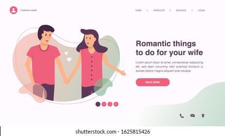 Man makes marriage propose to girlfriend with rose bouquet. Web page design with lifestyle or wedding concept for website and mobile website development. Flat vector illustration. 