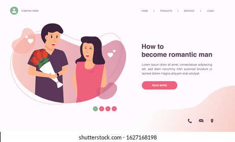 Man makes marriage propose to girlfriend with rose bouquet. Web page design with lifestyle or wedding concept for website and mobile website development. Flat vector illustration.