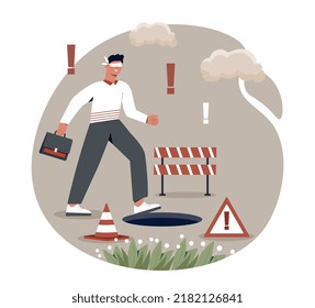 Man makes mistake. Character with closed eyes goes into open manhole. Wrong business decision and financial illiteracy. Unsuccessful businessman or entrepreneur. Cartoon flat vector illustration